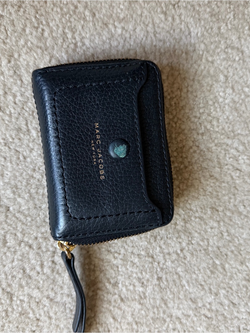 Marc Jacobs Black Pebbled Leather Zip Card Wallet with Gold Logo